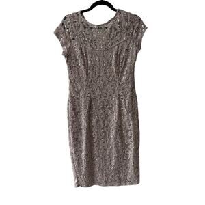 MARINA Silver Sequin Capped Sleeve Sheath Midi Dress Taupe Size 8